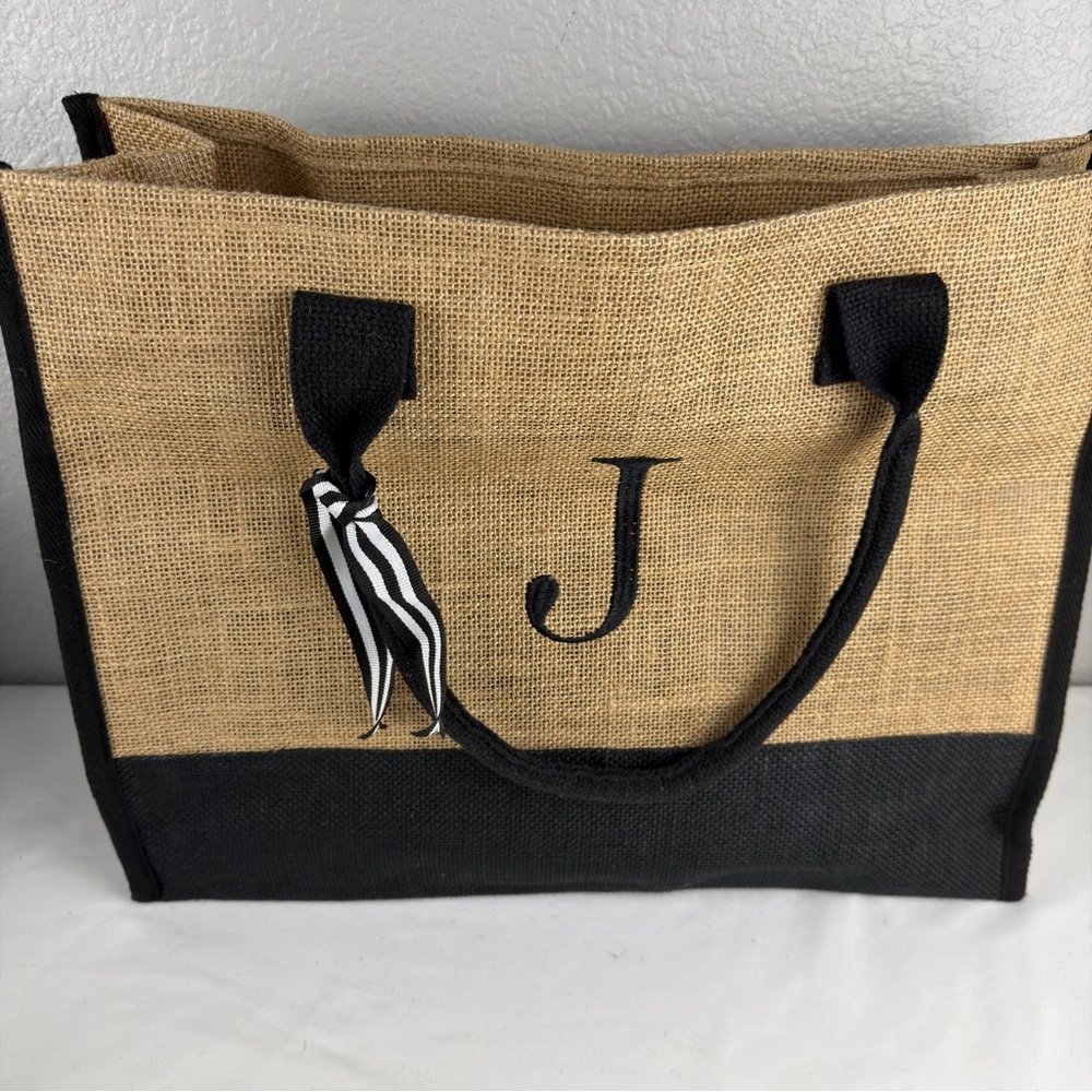 NWOT Jute Tote Bag 3 piece Set with Black Accent Letter J - Picture 5 of 11
